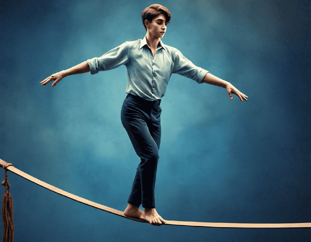 A person in a balancing pose or walking on a tightrope, with a calm and focused background